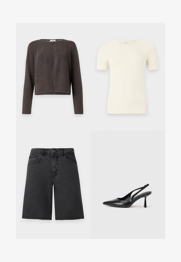Mørkegrå strikket cardigan med lange ærmer, rund halsudskæring og en enkelt knaplukning foroven.; Cremefarvet ribstrikket T-shirt med korte ærmer og rund hals, tætsiddende pasform, vist på en ensartet lys baggrund.; Sorte denimshorts med frynset kant, klassisk design med fem lommer, knaplukning og struktureret pasform.; Sort læderslagback højhælet sko med spids tå og slank hæl på en hvid baggrund.