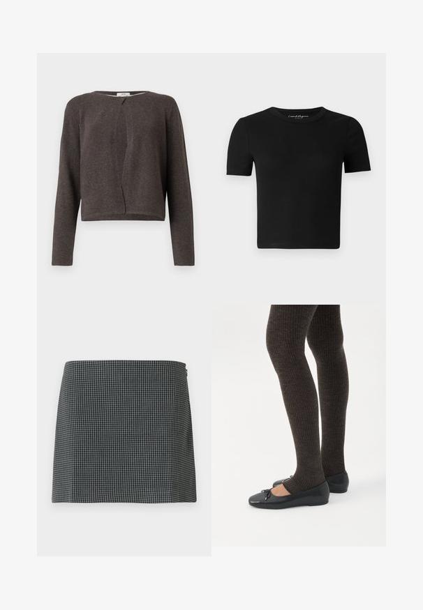 Mørkegrå strikket cardigan med lange ærmer, rund halsudskæring og en enkelt knaplukning foroven.; Sort tætsiddende T-shirt med korte ærmer, ribbet tekstur og rund halsudskæring. Simpelt design uden synlige logoer eller pynt.; Sort-hvid ternet nederdel lavet af stof med en glat tekstur. Har en lige silhuet og lynlåslukning i siden.; Ben iført mørke ribbede leggings kombineret med sorte balletsko med små sløjfedetaljer på hvid baggrund.