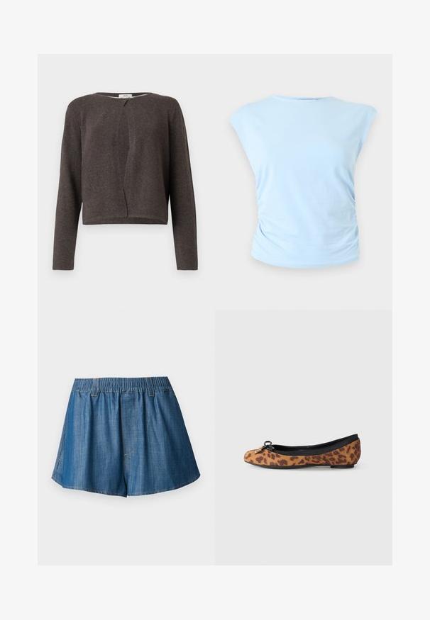 Mørkegrå strikket cardigan med lange ærmer, rund halsudskæring og en enkelt knaplukning foroven.; Lyseblå ærmeløs top med rund halsudskæring og subtil sidesamling på en neutral baggrund.; Blå denimshorts med elastisk talje og bæltestropper, forreste plisseringer og buede kanter, vist fladt mod en hvid baggrund.; Ballethale med leopardprint, rund tå, sort kant og dekorativ sort sløjfe. Fremstillet af blødt stof med flad sål.