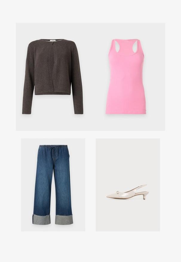 Gilet long en tricot gris foncé à manches longues avec un col rond et une fermeture à un bouton en haut.; Débardeur rose côtelé à dos nageur avec encolure arrondie, confectionné dans un tissu doux, présenté sur un fond clair uni.; Pantalon en jean bleu à jambes larges avec taille élastique et cordon de serrage, avec revers retroussés aux bords effilochés.; Chaussure slingback beige brillante à bout pointu avec un petit talon kitten et une petite boucle métallique près de l’orteil.