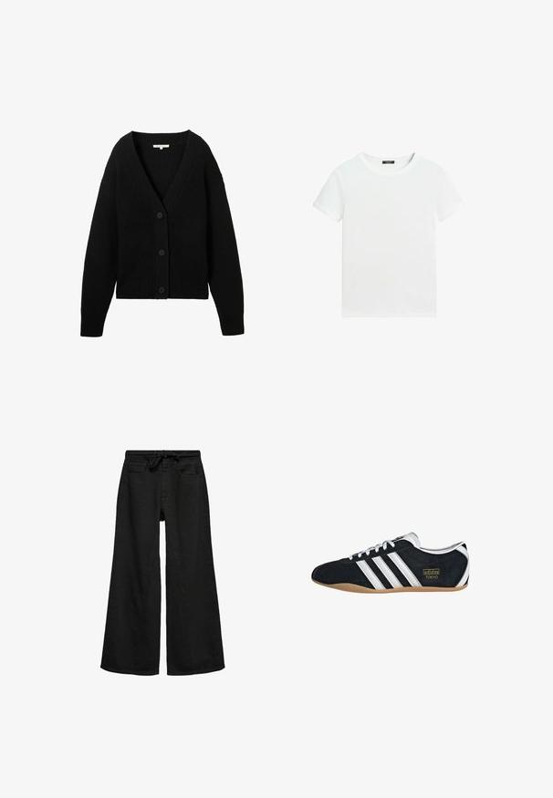 Sort strikjakke med lange ærmer, V-hals og tre knapper foran, vist fladt mod en hvid baggrund.; Almindelig hvid T-shirt med korte ærmer, rund halsudskæring og lille sort label inden i kraven.; Sorte denim bukser med vide ben, forlommer og et bundet bælte i taljen, vist mod en hvid baggrund.; Sort ruskinds sneaker med hvide tre striber, guldlogo og en brun gummisål. Har et lavprofil snørebåndsdesign.
