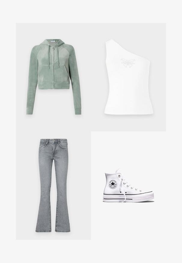 Korthævet hoodie i dæmpet grøn velour, med lynlås foran, justerbare snore og to forlommer. Glat tekstur med logodetalje.; One-shoulder hvid top lavet af glat stof, med et sommerfuglemønster pyntet med små rhinsten foran.; Lystgrå, flagrende jeans lavet af denim. Har en høj talje, fem-lomme design og en falmet vask med syninger ved sømmene.; Hvid Converse Chuck Taylor All Star højt snøresko med sorte striber og logoemblem på siden, vist mod en ensfarvet hvid baggrund.