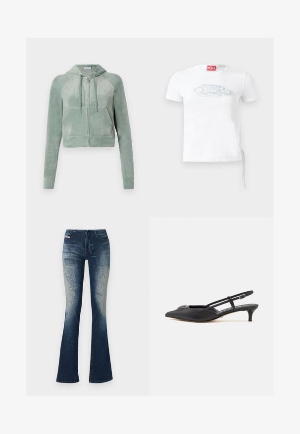 Korthævet hoodie i dæmpet grøn velour, med lynlås foran, justerbare snore og to forlommer. Glat tekstur med logodetalje.; Hvid kortærmet t-shirt lavet af bomuld, med et diskret præget logo i blågrå på brystet og justerbar snørredetalje i siden.; Udsætte denim jeans med en mørkeblå vask og lysere falming, struktureret overflade og lynlås i front. Fem-lomme design med mærkelabel.; Sorte slingback-sko med spids tå, lavet af glat materiale, med en lille hæl og en dekorativ sølvaccent på vamps.