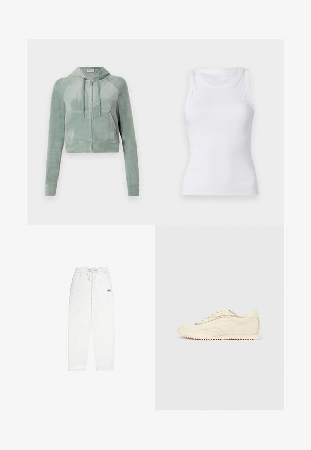 Korthævet hoodie i dæmpet grøn velour, med lynlås foran, justerbare snore og to forlommer. Glat tekstur med logodetalje.; Hvid ribbet tanktop med rund halsudskæring og ærmeløs design. Materialet virker glat med en tætsiddende silhuet. Ingen synlige mønstre eller accenter.; Lysegrå sweatpants lavet af blødt stof, med elastisk talje og snoretræk, sidelommer og et lille logo foran.; Lavprofileret sneaker i cremefarve med bølget syning, snørebånd og en rilleret sål, vist fra siden på en ensfarvet baggrund.