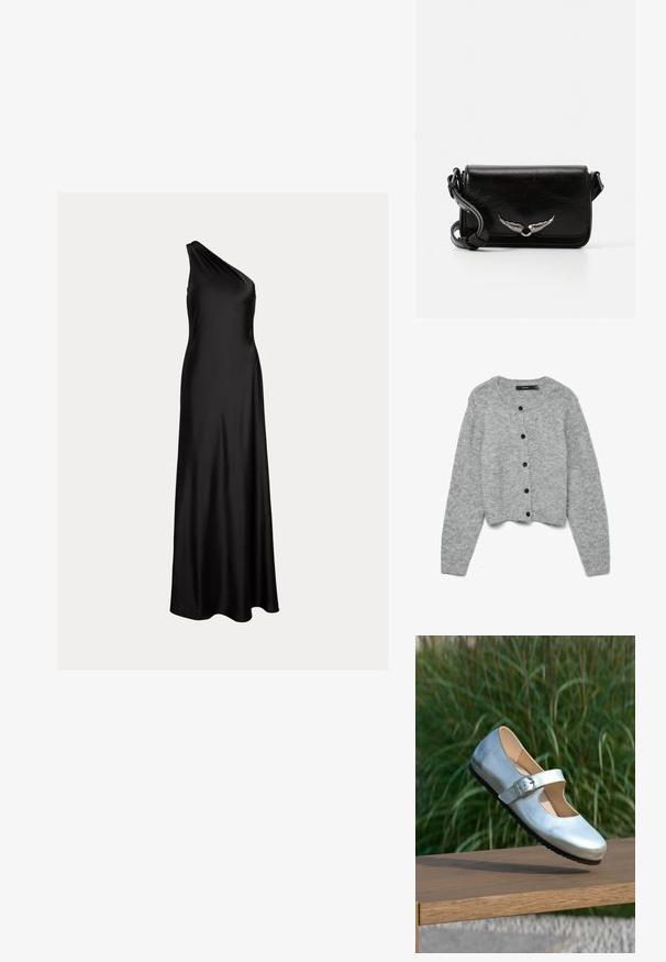 Grijze gebreide cardigan met een ronde halslijn en lange mouwen, voorzien van zwarte knopen aan de voorkant en een cropped ontwerp. Zachte textuur.; Zwarte satijnen avondjurk met één schouder, vloerlang, met een aansluitend lijfje en een vloeiende rok.; Zilverkleurige Mary Jane-schoen met gesp, zwarte zool, rustend op een houten oppervlak met groene grasachtergrond.; Zwarte lederen schoudertas met een kleppedesign, voorzien van zilveren vleugelaccenten en een gestructureerde afwerking. Inclusief verstelbare riem.