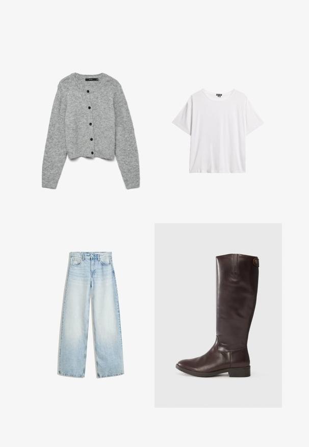 Grå strikket cardigan med rund halsudskæring og lange ærmer, der har sorte knapper foran og en cropped design. Blød tekstur.; Hvid kortærmet T-shirt lavet af et let stof. Har en rund halsudskæring og en afslappet pasform uden synlige logoer eller mønstre.; Lyseblå denim bukser med vid ben, høj talje, fem lommer, knaplukning og en falmet finish. Har lige, løse ben.; Brune læder knæhøje støvler med en rund tå, glat tekstur, minimalistisk design og en lille knapdetalje nær toppen. Flad hæl.