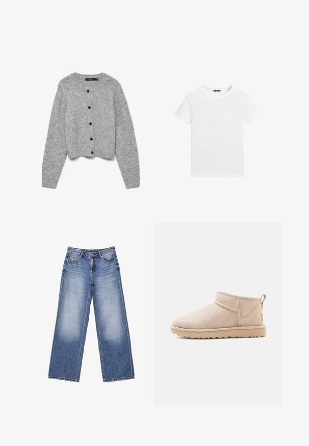 Cardigan tricoté gris avec un col rond et des manches longues, ornée de boutons noirs sur le devant et d'un design court. Texture douce.; T-shirt blanc uni à manches courtes avec un col rond et une petite étiquette noire à l’intérieur du col.; Jeans en denim bleu clair à jambes larges avec poches avant, passants pour ceinture, fermeture par bouton et légère décoloration sur les cuisses avant.; Bottine beige en daim avec semelle plate, coutures visibles et languette à l'arrière sur un fond blanc uni.
