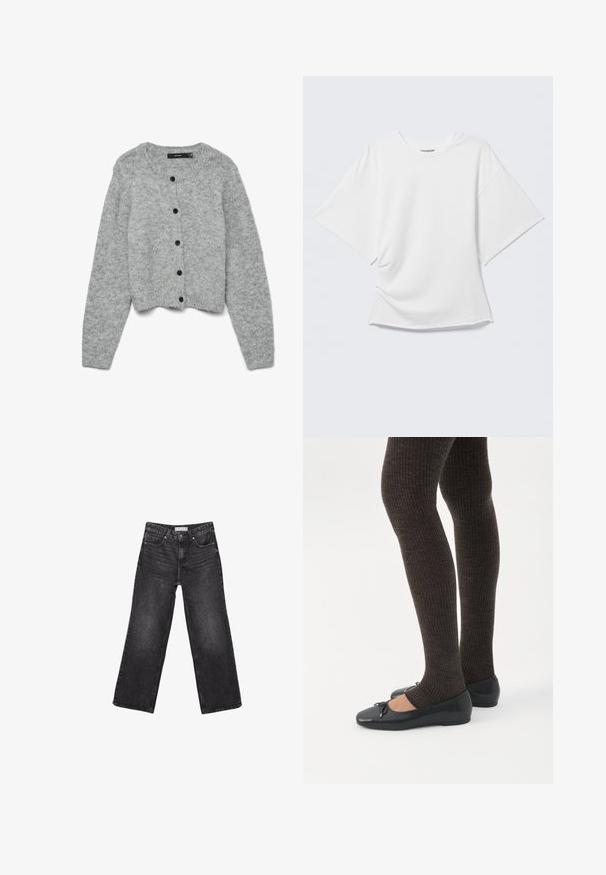 Cardigan tricoté gris avec un col rond et des manches longues, ornée de boutons noirs sur le devant et d'un design court. Texture douce.; T-shirt blanc oversize à manches courtes avec col rond présenté sur un fond gris clair.; Jean noir à jambes larges avec poches avant et arrière, fermeture par bouton et passants de ceinture, posé à plat sur fond blanc.; Jambes portant des leggings côtelés foncés associés à des ballerines noires avec de petits détails en nœud sur fond blanc.