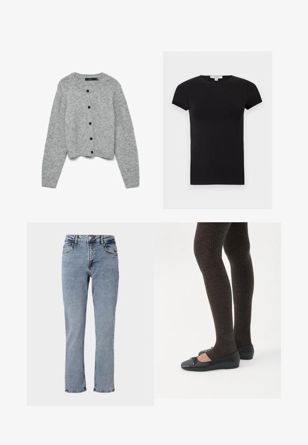 Grijze gebreide cardigan met een ronde halslijn en lange mouwen, voorzien van zwarte knopen aan de voorkant en een cropped ontwerp. Zachte textuur.; Zwart aansluitend T-shirt met korte mouwen en een ronde hals, met een klein wit Topshop-label bij de halslijn.; Lichtblauwe denim jeans met een hoge taille, vijf zakken en een rechte pijpdesign. Kenmerkt subtiele vervaging en contrasterende stikdetails.; Benen met donkere geribbelde leggings gecombineerd met zwarte ballerina's met kleine strikdetails op een witte achtergrond.