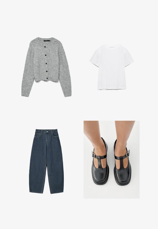 Cardigan tricoté gris avec un col rond et des manches longues, ornée de boutons noirs sur le devant et d'un design court. Texture douce.; T-shirt blanc uni à manches courtes et col rond, avec un ourlet droit, présenté sur un fond blanc.; Jeans en denim bleu foncé à jambes larges avec une taille haute, dotés de cinq poches et de détails de couture visibles. Design épuré et minimal.; Chaussures en cuir noir avec un design à bride en T, bout fermé et accents de boucles argentées. Texture lisse avec un bout arrondi et une semelle plate.