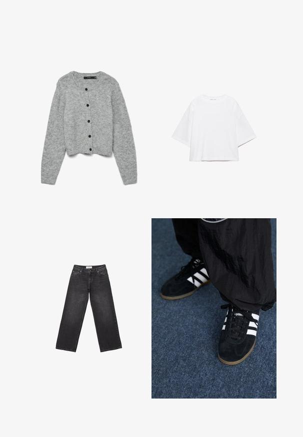 Grå strikket cardigan med rund halsudskæring og lange ærmer, der har sorte knapper foran og en cropped design. Blød tekstur.; Hvid, kortærmet, løs t-shirt lavet af blød bomuld. Har rund halsudskæring og brede ærmer, med et rent, enkelt design.; Bredde ben sorte denim jeans med en mørk vask, fem-lomme design og et mærke på taljebåndet. Glat tekstur med subtil falming.; Sorte suedetrainingssko med tre hvide striber og sorte snørebånd. Et tekstureret sort bukser er delvist synligt ved siden af skoene.