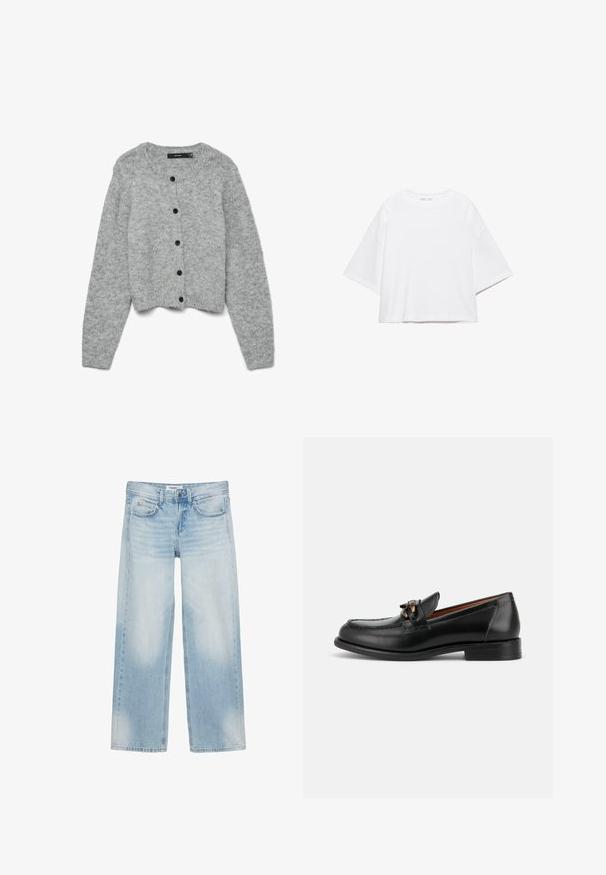 Grå strikket cardigan med rund halsudskæring og lange ærmer, der har sorte knapper foran og en cropped design. Blød tekstur.; Hvid, kortærmet, løs t-shirt lavet af blød bomuld. Har rund halsudskæring og brede ærmer, med et rent, enkelt design.; Lyseblå jeans med vide ben, fem lommer, bæltestropper, knaplukning og diskret farvefade på forreste lår og knæ.; Sort læderloafer med lav hæl, rundet tå og dekorativ metalspænde foran.