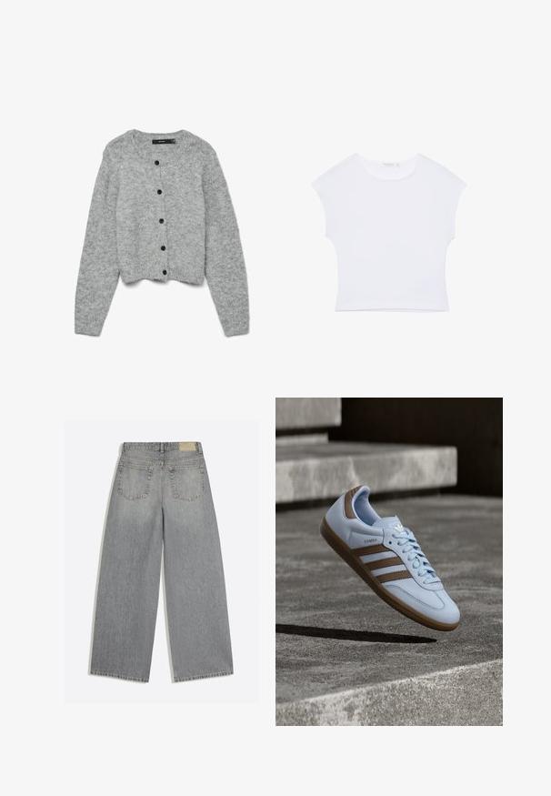 Grå strikket cardigan med rund halsudskæring og lange ærmer, der har sorte knapper foran og en cropped design. Blød tekstur.; Hvid kortærmet cropped T-shirt med rund halsudskæring, lavet af glat stof, lagt fladt på en hvid baggrund.; Grå vidbenede denimjeans der viser bagsiden med to lommer og bæltestropper lagt fladt på hvid baggrund.; Lyseblå sneakers med brune ruskindsdetaljer, tre laterale striber, flade snørebånd og en tekstureret gummisål. Mærkelogo på tungen.