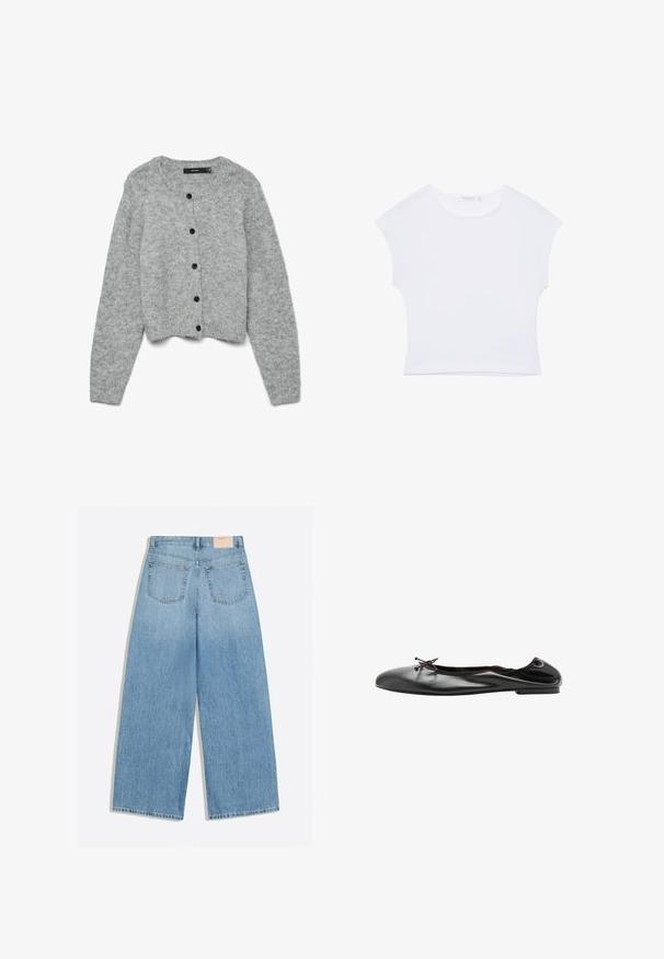 Cardigan tricoté gris avec un col rond et des manches longues, ornée de boutons noirs sur le devant et d'un design court. Texture douce.; T-shirt court blanc à manches courtes avec col rond, en tissu lisse, posé à plat sur un fond blanc.; Jean denim bleu clair à jambes larges avec deux poches arrière et une petite étiquette de marque beige sur la ceinture.; Ballerine en cuir noir avec un petit nœud à l'avant et une couture arrière légèrement froncée, vue de profil sur fond blanc.