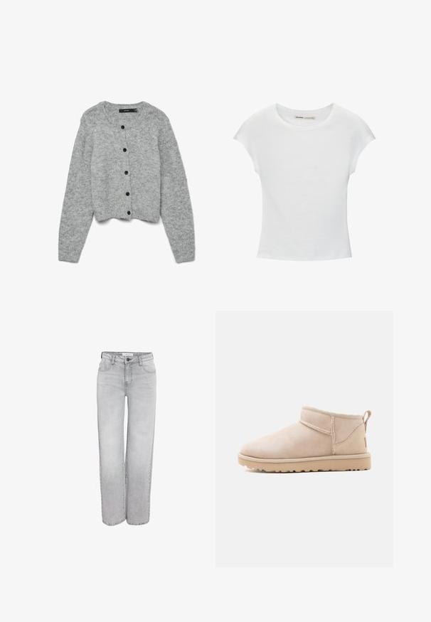 Grå strikket cardigan med rund halsudskæring og lange ærmer, der har sorte knapper foran og en cropped design. Blød tekstur.; Hvid bomuld t-shirt med korte, opsmøgede ærmer, rund halsudskæring og lige kant. Glat tekstur uden synlige mønstre eller detaljer.; Lys grå lige ben jeans med frontlommer, bæltestropper og knaplukning, præsenteret mod en hvid baggrund.; Beige ruskind ankelstøvle med flad sål, synlige sømme og en trækkehank bagpå mod en ensfarvet hvid baggrund.
