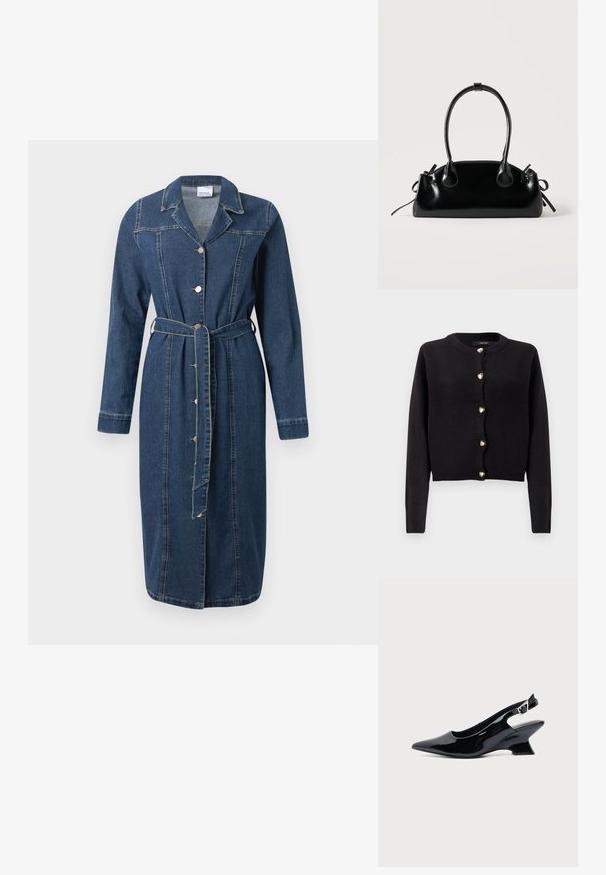 Cardigan noir en maille avec manches longues, encolure arrondie et boutons dorés en forme de cœur sur le devant. Texture douce, coupe courte.; Robe chemise en denim bleu foncé, dotée de manches longues, d'un col, d'une fermeture à boutons et d'une taille ceinturée. Détails de couture visibles.; Chaussure slingback en cuir verni noir avec bout pointu et petit talon bloc incliné sur fond clair uni.; Petit sac à main noir brillant avec deux longues anses et des détails à cordon sur les côtés sur un fond clair uni.