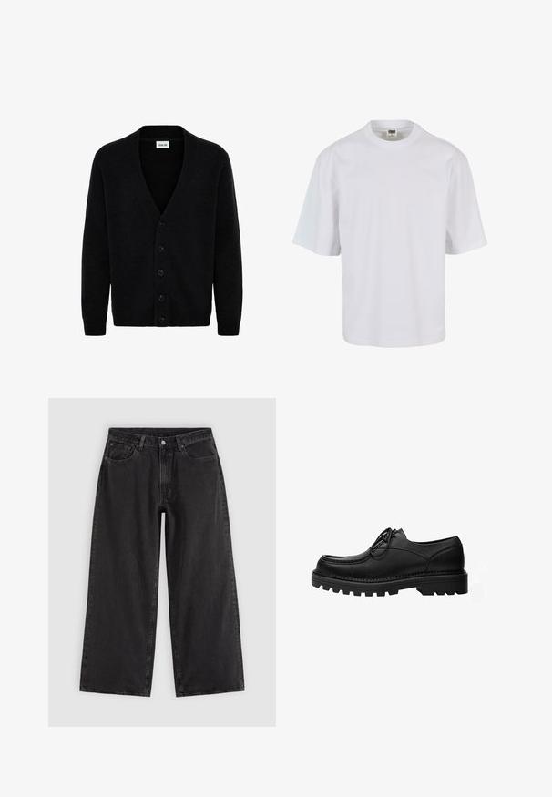 Gilet noir en tricot doux, doté d'un col en V et de six boutons sur le devant. Les manches longues ont des poignets côtelés.; T-shirt blanc à manches courtes en coton. Il présente un col rond et une coupe ample, avec une texture lisse et sans motifs ni graphiques visibles.; Jean en denim noir à jambes larges avec poches avant, passants pour ceinture et fermeture par boutons, présenté sur un fond clair uni.; Chaussure noire en cuir à lacets avec une semelle épaisse et robuste et des coutures détaillées sur la tige, conçue pour un usage formel ou décontracté.