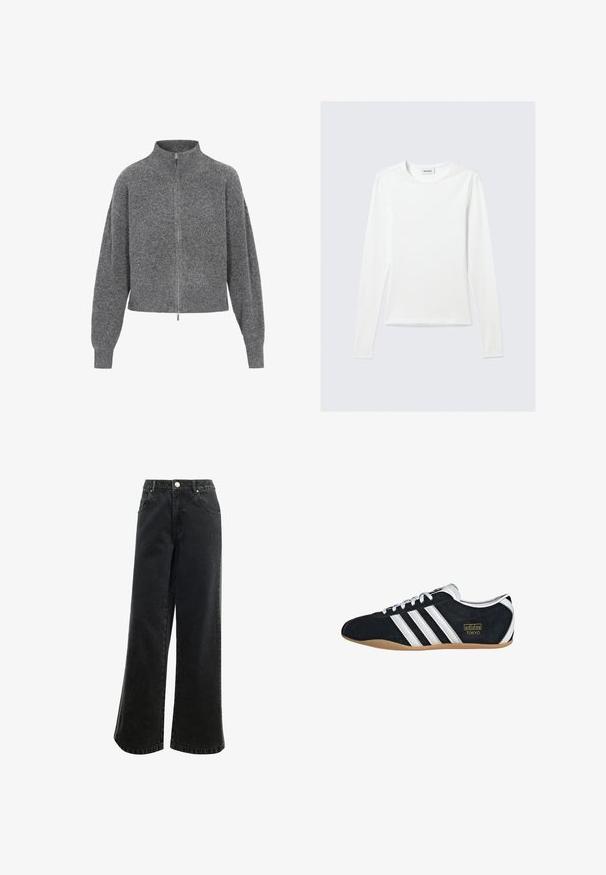 Grauer, kurzer Pullover mit hohem Kragen, Reißverschluss und abgesenkten Schultern. Hergestellt aus Strickstoff und mit einer strukturierten Oberfläche.; Langärmliges, schlichtes weißes Rundhals-Shirt mit schlanker Passform, dargestellt vor einem hellgrauen Hintergrund.; Hochbundige, weit geschnittene schwarze Jeans mit Knopfverschluss, fünf Taschen und einem kleinen, auf der Vorderseite gestickten Logo. Strukturierter Stoff.; Schwarze Wildledersneaker mit drei weißen Streifen, goldenem Logo und brauner Gummisohle. Merkmale ein niedrigprofiliertes Schnürdesign.