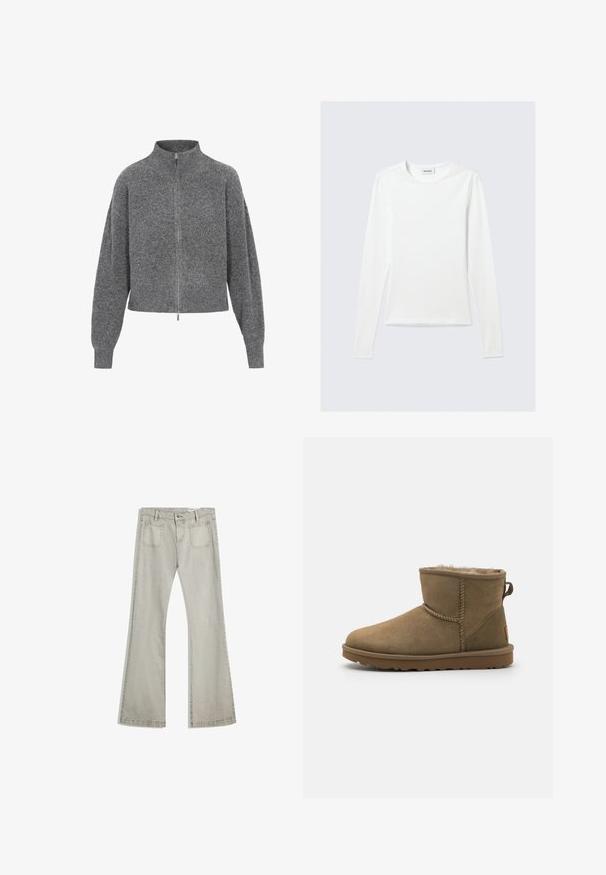 Grijze geknipte trui met een hoge kraag, ritssluiting en drop shoulders. Gemaakt van gebreide stof, met een gestructureerde afwerking.; Effen wit shirt met lange mouwen en ronde hals, slim fit, afgebeeld tegen een lichtgrijze achtergrond.; Uitlopende spijkerbroek in lichtgrijs denim, met een knoopsluiting, vijf zakken en subtiele stikdetails langs de naden.; Bruine suède enkelboot met een zachte, pluizige voering, ronde neus en een lusaccent aan de achterkant. Vlakke rubberen zool met een gestructureerde grip.