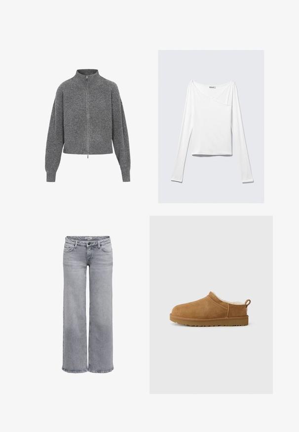 Grijze geknipte trui met een hoge kraag, ritssluiting en drop shoulders. Gemaakt van gebreide stof, met een gestructureerde afwerking.; Witte long-sleeve top met een crossover ontwerp en een zak. Gemaakt van een gladde, rekbare stof. Geknipt in een casual, relaxte pasvorm.; Lichtgrijze jeans met wijde pijpen gemaakt van denim. Voorzien van een standaard tailleband met lussen voor een riem, vijf zakken en subtiele vervaagde details.; Bruine suede instap schoen met een zachte, witte bontvoering, vlakke rubberen zool, ronde neus en een kleine trekflap aan de hiel.