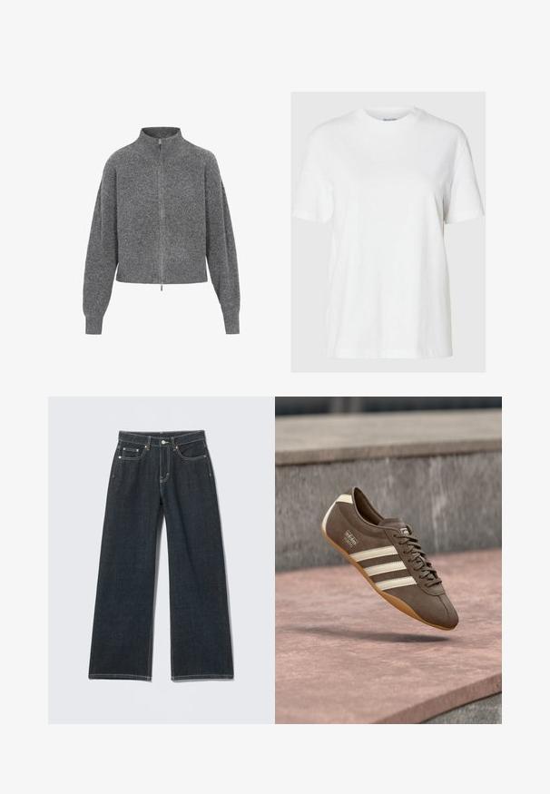Grijze geknipte trui met een hoge kraag, ritssluiting en drop shoulders. Gemaakt van gebreide stof, met een gestructureerde afwerking.; Witte katoenen t-shirt met korte mouwen en een ronde halslijn. Heeft een relaxte pasvorm en een minimalistisch ontwerp zonder patronen of accenten.; Donkerblauwe jeans met wijde pijpen, knoopsluiting aan de voorkant, rits, lussens voor riem en vijf zakken, tegen een lichte effen achtergrond.; Bruine suède sneaker met witte strepen en merklogo's, voorzien van een ronde neus en een zool van tandgumrubber, zwevend boven een getextureerd oppervlak.