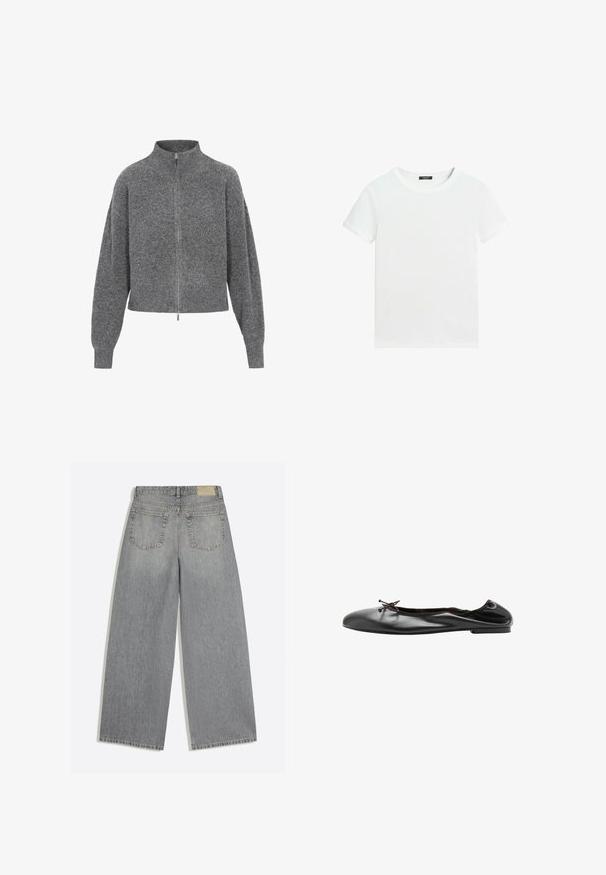 Grauer, kurzer Pullover mit hohem Kragen, Reißverschluss und abgesenkten Schultern. Hergestellt aus Strickstoff und mit einer strukturierten Oberfläche.; Schlichtes weißes T-Shirt mit kurzen Ärmeln, rundem Halsausschnitt und einem kleinen schwarzen Etikett innen am Kragen.; Graue Jeans mit weitem Bein, Rückseite mit zwei Taschen und Gürtelschlaufen, flach auf weißem Hintergrund liegend.; Schwarzer Leder-Ballerinaschuh mit einer kleinen Schleife vorne und einer leicht gerafften Hinternaht, seitlich auf weißem Hintergrund gezeigt.