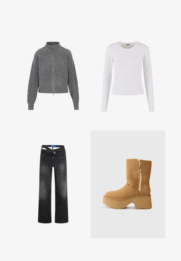 Grijze geknipte trui met een hoge kraag, ritssluiting en drop shoulders. Gemaakt van gebreide stof, met een gestructureerde afwerking.; Wit T-shirt met lange mouwen, gemaakt van zachte katoen, voorzien van een ronde hals en een getailleerde pasvorm zonder patronen of accenten.; Zwarte wijde spijkerbroek met een vervaagd uiterlijk, met een unieke crossover-beltontwerp, vijf zakken en een standaard knoopsluiting.; UGG NEW HEIGHTS CUFF - Snowboots - chestnut