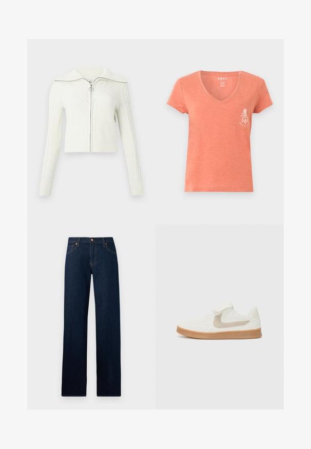 Pull en maille blanc avec fermeture éclair, motifs texturés, manches longues, col large et tirette de fermeture éclair en forme circulaire.; T-shirt femme à manches courtes en col V de couleur corail, avec une petite poche sur le côté gauche de la poitrine ornée d'un motif blanc de palmier et de vague.; Jean droit bleu foncé en denim avec cinq poches, fermeture par bouton et surpiqûres jaunes visibles sur les coutures et les passants de ceinture.; Baskets blanches de sport avec un dessus texturé, accent en suède beige et semelle en caoutchouc beige. Présente un design à lacets et un col rembourré.