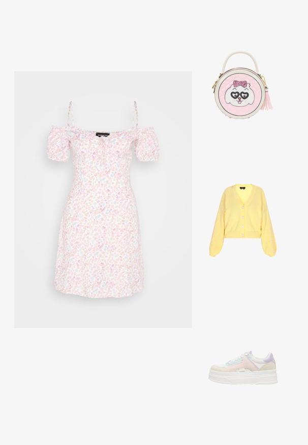 Gele gebreide cardigan met een v-hals, lange ballonmouwen en parelachtige versieringen op de schouders. Vijfknops sluiting aan de voorkant.; Even&Odd by Zalando Jurk - off-white/pink; Lage sneaker met witte basis, pastelroze, paars en lichtblauwe stofoverlays en witte veters.; Ronde roze handtas met een wit en roze hondengezicht met glinsterstrik en hartvormige bril, een bovenhandvat en een zijkant tassel ritsluiting.