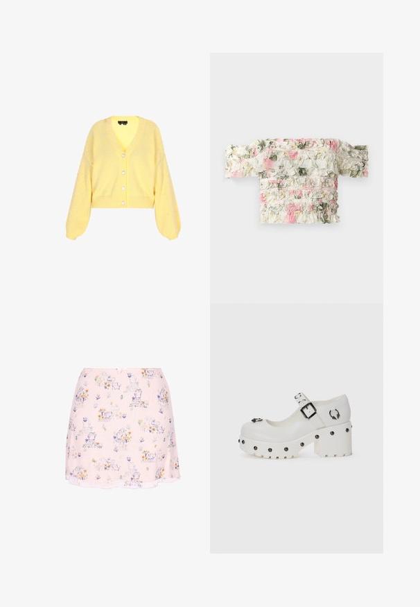 Gul strikket cardigan med v-hals, lange ballonærmer og perle-lignende pynt på skuldrene. Fem-knaps frontlukning.; Blomsterbluse med bare skulder i hvid med rosa og grønne flæser. Har slightly elastisk stof for et tætsiddende look.; Lyserød nederdel med små lilla, orange og gule blomster på, samt legende katte illustrationer spredt ud over stoffet.; Hvide platform sko med en rund tå, spænde og cirkulære nitter. Tekstureret sål med en let hæl og dekorativ hardware detalje.