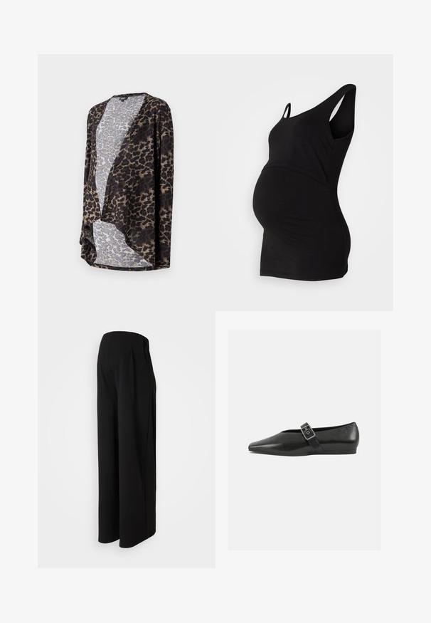 Leopard-print cardigan i blødt stof, med åben front, flydende form og kontrasterende nuancer af brun og grå.; Sort graviditetstrøje med rund udskæring og ærmeløs design, der har en tætsiddende silhuet, som rummer en voksende mave.; Vero Moda Maternity Wide-leg Wide Leg Fit - Bukser - black; Sorte læder flade sko med spidse tæer, prydet med en metallisk spænde over vristen og en lav, fleksibel sål.