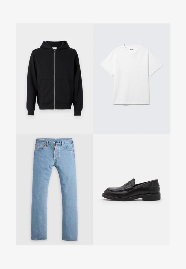 Sort zip-up hættetrøje lavet af blødt stof, med en frontlynlås, to store lommer og bindebånd i hætten. Klassisk, enkel design.; Hvid kortærmet crewneck T-shirt lagt fladt ud, ensfarvet design, med "WEEKDAY" mærkat inde i kraven på en lys baggrund.; Lys blå lige ben denim jeans med knaplukning, bæltestropper og for- og baglommer, vist på en hvid baggrund.; Sorte læder loafers med en rund tå, tonale syninger og en stropdetalje foran. Gummisål med en lav hæl.