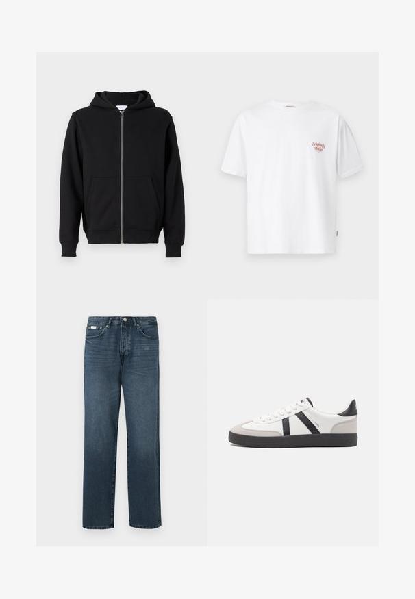 Sort zip-up hættetrøje lavet af blødt stof, med en frontlynlås, to store lommer og bindebånd i hætten. Klassisk, enkel design.; Hvid bomulds T-shirt med korte ærmer og rund hals, med en lille rød tekstgrafik på venstre brystområde.; Mørkeblå denimbukser med lige pasform, fem lommer, bæltestropper og lynlås. Glat tekstur med subtile blegede detaljer.; Hvide sneakers med sorte og grå detaljer, med en tekstureret grå tåhætte, sort gummisål og flade hvide snørebånd. Rent design, minimalistisk stil.
