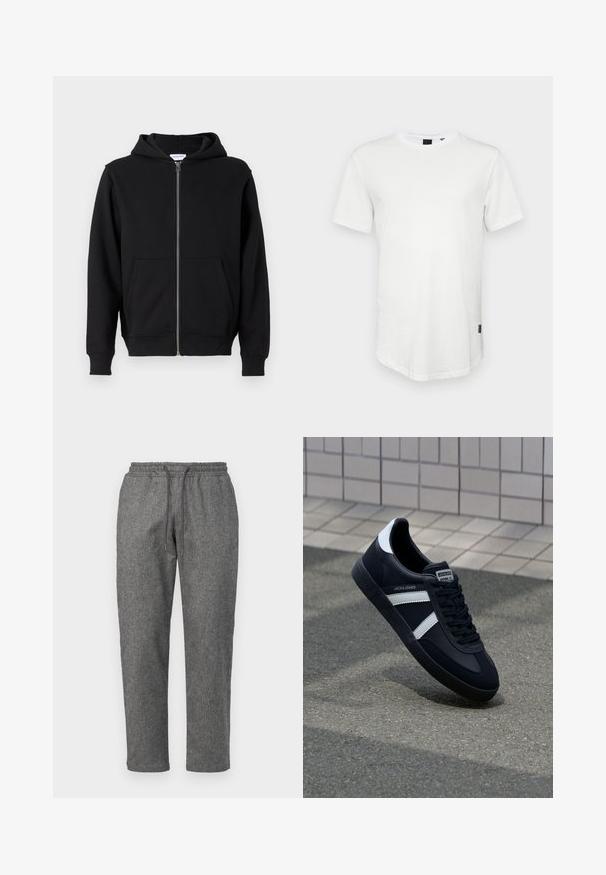 Sort zip-up hættetrøje lavet af blødt stof, med en frontlynlås, to store lommer og bindebånd i hætten. Klassisk, enkel design.; Hvid kortærmet t-shirt lavet af bomuld, med rund halsudskæring og en let forlænget ryg, samt en lille logoaccent på siden.; Grå, strikkede sweatpants med snoretræk i taljen, tætsiddende ben og et subtilt struktureret mønster i hele stoffet.; Sort lædersneaker med hvide striber, tekstureret gummisål og snørrebånd foran. Har et brandet mærke på tungen.