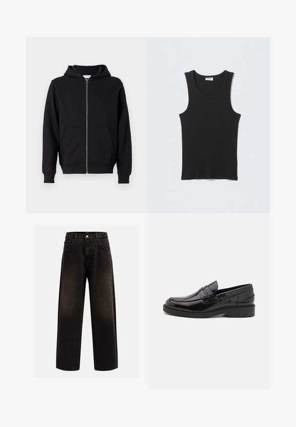 Sort zip-up hættetrøje lavet af blødt stof, med en frontlynlås, to store lommer og bindebånd i hætten. Klassisk, enkel design.; Sort ærmeløs ribstrikket tanktop med rund halsudskæring, fladt lagt på lysegrå baggrund. Etiket med teksten "WEEKDAY."; Sorte denim jeans med en afslappet pasform, der har bæltestropper, fem-lomme design og en knaplukning. Struktureret stof med let falmning.; Sorte læder loafers med en glat finish, rund tå, lav hæl og dekorativ syning langs forsiden. Gummisål for godt greb.