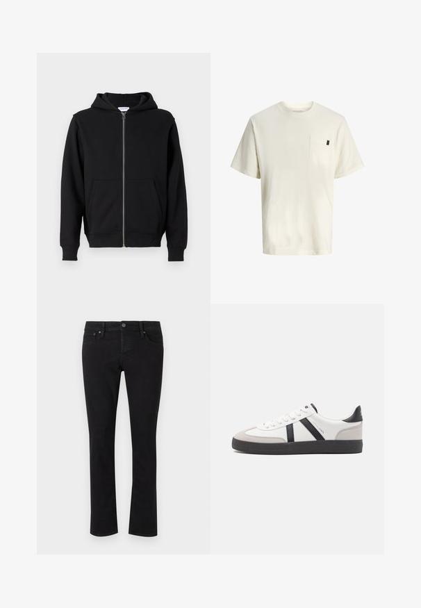 Sort zip-up hættetrøje lavet af blødt stof, med en frontlynlås, to store lommer og bindebånd i hætten. Klassisk, enkel design.; Hvid bomuld t-shirt med korte ærmer, rund hals, brystlomme foran og et lille mærke i siden. Glat tekstur og afslappet pasform.; Sorte denimjeans med lige snit, fem-lomme design, metalknaplukning og minimal syning. Glat tekstur hele vejen igennem.; Hvide sneakers med sorte og grå detaljer, med en tekstureret grå tåhætte, sort gummisål og flade hvide snørebånd. Rent design, minimalistisk stil.