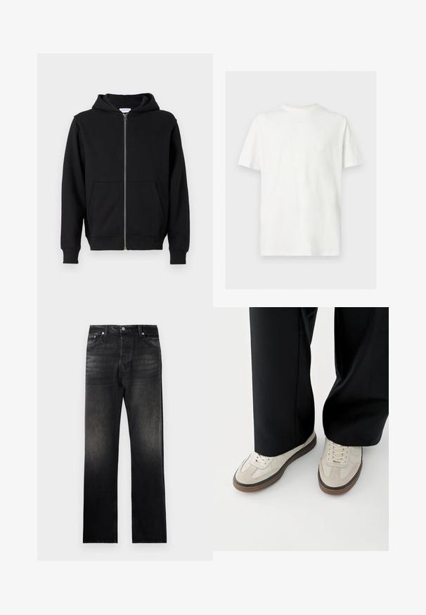Sort zip-up hættetrøje lavet af blødt stof, med en frontlynlås, to store lommer og bindebånd i hætten. Klassisk, enkel design.; Hvid kortærmet T-shirt med rund hals og afslappet pasform på ensfarvet lys baggrund.; Sorte denim jeans med lige ben, der har en falmet gradienteffekt, fem lommers design og metalhardware detaljer.; Fødder iført beige sneakers med brune såler og sorte bukser med vide ben på hvid baggrund.