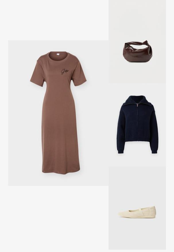 Sweat à fermeture éclair bleu marine avec un col montant, des manches longues et des poignets et un ourlet côtelés sur fond blanc.; Robe midi marron à manches courtes, col rond et logo noir "Gap" sur la poitrine gauche, présentée sur un fond uni.; Ballerines beiges avec une exterior en cuir lisse, un bout en forme d'amande et une sangle élastique sur le coup de pied, avec des détails de couture subtils.; Sac bandoulière en cuir marron foncé avec une forme souple et décontractée et une anse nouée torsadée sur un fond blanc uni.