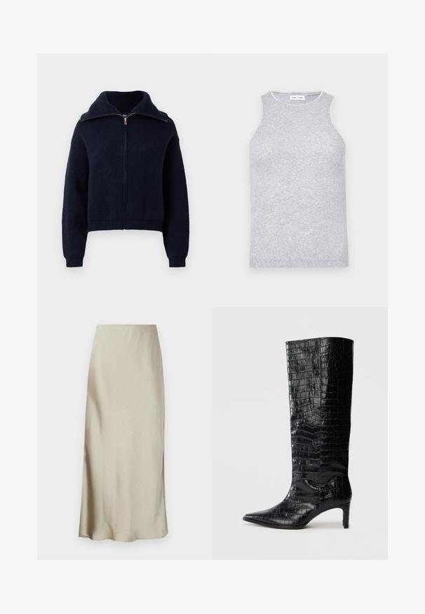 Sweat à fermeture éclair bleu marine avec un col montant, des manches longues et des poignets et un ourlet côtelés sur fond blanc.; Haut sans manches gris en tissu tricoté texturé, avec un col rond et une bordure contrastante autour du cou.; Une longue jupe beige clair en tissu lisse présente une légère brillance et un ourlet évasé, offrant un design épuré et minimaliste.; Bottes noires montantes, avec une texture brillante à motif crocodile, bout pointu et talon effilé. Matériau synthétique lisse.
