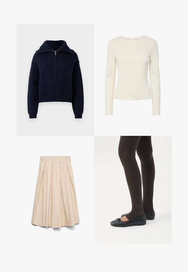 Sweat à fermeture éclair bleu marine avec un col montant, des manches longues et des poignets et un ourlet côtelés sur fond blanc.; Chemise ajustée à manches longues de couleur crème, avec un col rond et une texture lisse, présentée sur un fond blanc.; Jupe midi beige avec taille haute et plis devant, silhouette évasée et tissu lisse.; Jambes portant des leggings côtelés foncés associés à des ballerines noires avec de petits détails en nœud sur fond blanc.