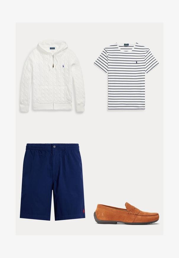 Sudadera blanca de punto trenzado con cremallera, bolsillos delanteros y un pequeño logotipo azul de Polo Ralph Lauren en el pecho.; Camiseta blanca de manga corta con finas rayas horizontales en azul marino y un pequeño logo bordado en azul marino en el pecho izquierdo.; Pantalones cortos para hombre azul marino con cintura elástica, cierre de botón y pequeño logo rojo bordado en la parte inferior derecha.; Mocasín de hombre de ante marrón con detalles de costura, una ranura para monedas en la parte superior y suela de goma oscura.