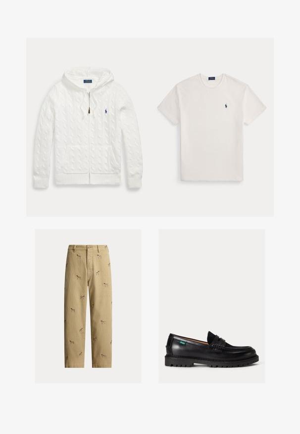 White cable-knit zip-up hoodie with front pockets and a small blue Polo Ralph Lauren logo on the chest.; White short-sleeve crew neck t-shirt with a small navy blue polo player logo on the left chest.; Beige corduroy trousers featuring embroidered dog designs, straight leg cut, and five-pocket styling with a front button closure.; Black leather loafer with chunky sole, rounded toe, and green Polo logo tag on the side.
