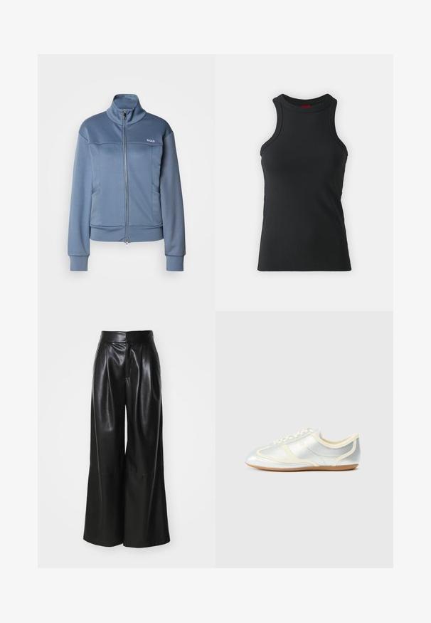 Modrá bunda na zips vyrobená z mäkkej, hladkej tkaniny. Obsahuje vysoký golier, bočné vrecká a logo "BOSS" v bielej farbe na hrudi.; Čierne bezrukávové tank top vyrobené z elastického materiálu. Má okrúhly výstrih a priliehavý strih s minimálnymi švovými detailami.; Čierne nohavice z faux kože so širokým strihom a vysokým pásom, prešitým predným dielom a hladkým povrchom. Obsahujú čistý, minimalistický dizajn.; Strieborné syntetické tenisky s krémovými detailmi, nízkym dizajnom, zaoblenou špičkou a plochou gumovou podrážkou; majú klasické vyšitie a šnurovanie.