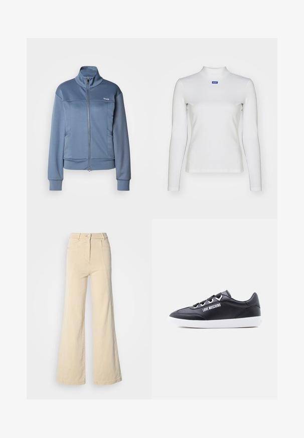 Modrá bunda na zips vyrobená z mäkkej, hladkej tkaniny. Obsahuje vysoký golier, bočné vrecká a logo "BOSS" v bielej farbe na hrudi.; Biely dlhý rukáv turtleneck top vyrobený z elastického materiálu, s priliehavým strihom a malým modrým logom na hrudi.; Béžové široké džínsy s vysokým pásom, prednými vreckami a kontrastným šitím, so zapínaním na gombík a hladkou bavlnenou textúrou.; Čierne kožené tenisky s bielymi detailami, so štýlovým dizajnom, okrúhlym nosom a logom na boku. Gumená podrážka, zapínanie na šnúrky.