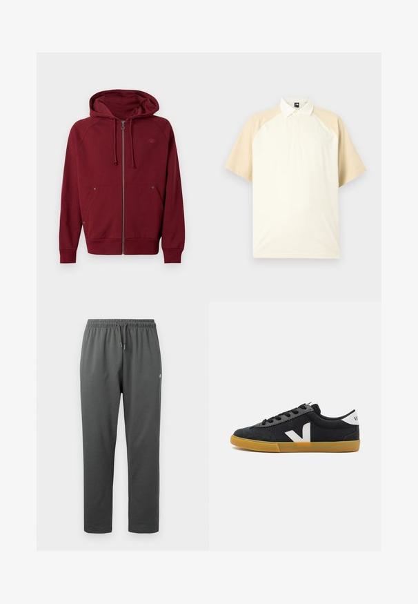 Sweat à capuche zippé couleur bordeaux avec cordons de serrage, poches avant, poignets et ourlet côtelés, et un logo discret sur la poitrine gauche.; Polo à manches courtes avec manches raglan beige, corps crème et col boutonné, sur fond gris neutre.; Pantalon de survêtement en polaire gris foncé avec taille élastique et cordon de serrage, avec un petit logo sur la cuisse droite.; Baskets noires en toile avec une coque en daim, logo blanc, lacets noirs et semelle en caoutchouc beige. Design minimaliste et silhouette basse.