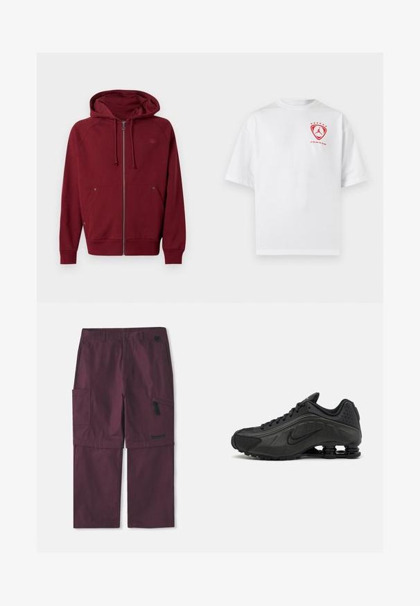 Sweat à capuche zippé couleur bordeaux avec cordons de serrage, poches avant, poignets et ourlet côtelés, et un logo discret sur la poitrine gauche.; T-shirt blanc à manches courtes avec col rond, logo Jordan rouge et cinq étoiles imprimées sur le côté gauche de la poitrine.; Pantalons cargo convertibles bordeaux avec poche zippée sur le côté et logo Timberland sur la jambe droite, avec entrejambe allongé montré.; Baskets de course noires avec une tige en synthétique lisse, des accents perforés, des panneaux latéraux texturés et une semelle distincte et rebondissante.