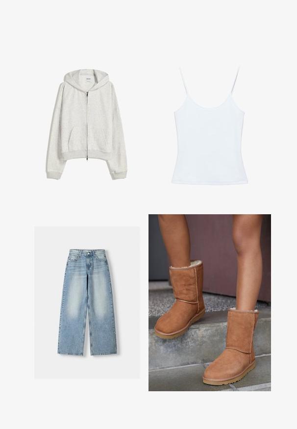 Haut de sweat léger gris clair, coupé, en tissu doux ; comporte une fermeture éclair sur le devant, une grande capuche et des poignets et un ourlet côtelés ; comprend des poches latérales.; Camisole blanche pour femme avec fines bretelles spaghetti et un design ajusté et sobre.; Jean large en denim bleu clair à taille haute, avec une finition délavée, cinq poches et une coupe droite.; Bottines en suede marron, à bout rond, avec une doublure douce et une semelle en caoutchouc, présentant des détails de couture visibles le long des coutures.