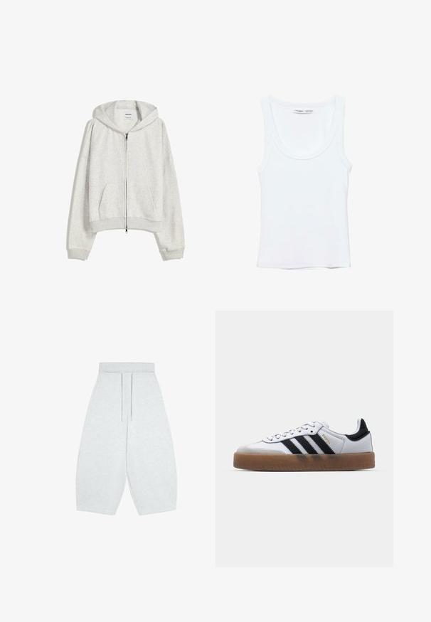 Haut de sweat léger gris clair, coupé, en tissu doux ; comporte une fermeture éclair sur le devant, une grande capuche et des poignets et un ourlet côtelés ; comprend des poches latérales.; Débardeur blanc uni sans manches avec encolure arrondie, fabriqué en tissu doux, étiquette à l'intérieur du col indiquant la marque et la taille.; Pantalon court à jambes larges gris clair avec taille élastique et cordon à l'avant, fabriqué en tissu tricoté doux.; Baskets en cuir blanc avec des rayures noires, semelle extérieure en caoutchouc beige, bout rond, fermeture lacée et embout en suède gris doux.