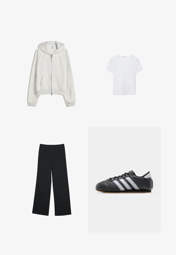 Lys grå cropped hoodie lavet af blødt stof; har en frontlynlås, stor hætte og ribbede manchetter og kant; inkluderer sidelommer.; Hvid kortærmet t-shirt lavet af blødt stof. Har en rund halsudskæring og et simpelt, rent design med en lige underkant.; Bredde bukser i sort stof, der har frontlommer og lukning med knap. Glat tekstur, skræddersyet pasform og fuld længde.; Sorte lædersportssko med hvide striber, rund tå, flad sål og snørelukning. Har perforeringer for åndbarhed.