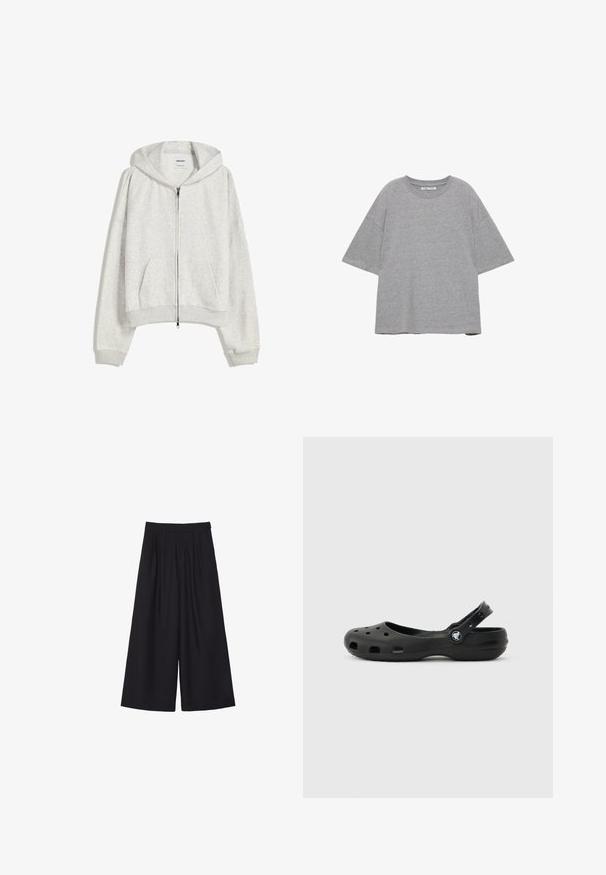 Lichtgrijze cropped hoodie van zachte stof; heeft een voorrits, grote capuchon en ribbelboorden aan de mouwen en onderkant; bevat zijzakken.; Effen grijs, oversized T-shirt met korte mouwen en een ronde hals, plat gelegd tegen een witte achtergrond.; Zwarte wijde broek met plooien, gemaakt van een soepele stof. Heeft een hoge taille en een nette, op maat gemaakte snit.; Zwarte geventileerde klomp met verstelbare hielband en gestructureerde zool, ontworpen voor casual gebruik en comfort.